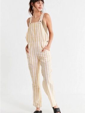 Urban Outfitters 100% Cotton Striped Yellow Linen-Blend Overalls for Women
